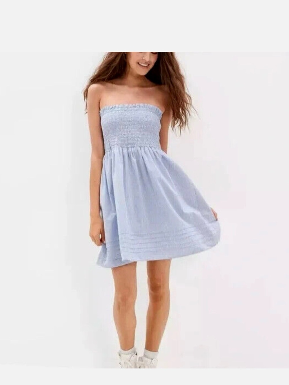 American Eagle Outfitters Light Blue Striped Smocked Mini Dress Removable Straps